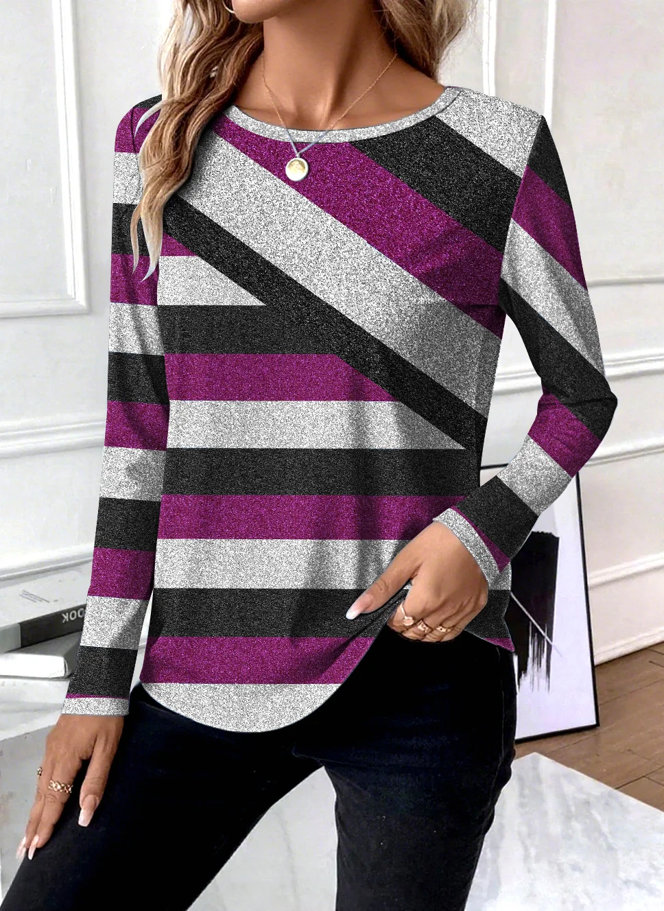 Casual Geometric Crew Neck Long Sleeve T-shirt