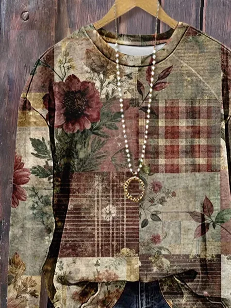 Casual Crew Neck Floral Sweatshirt Printing