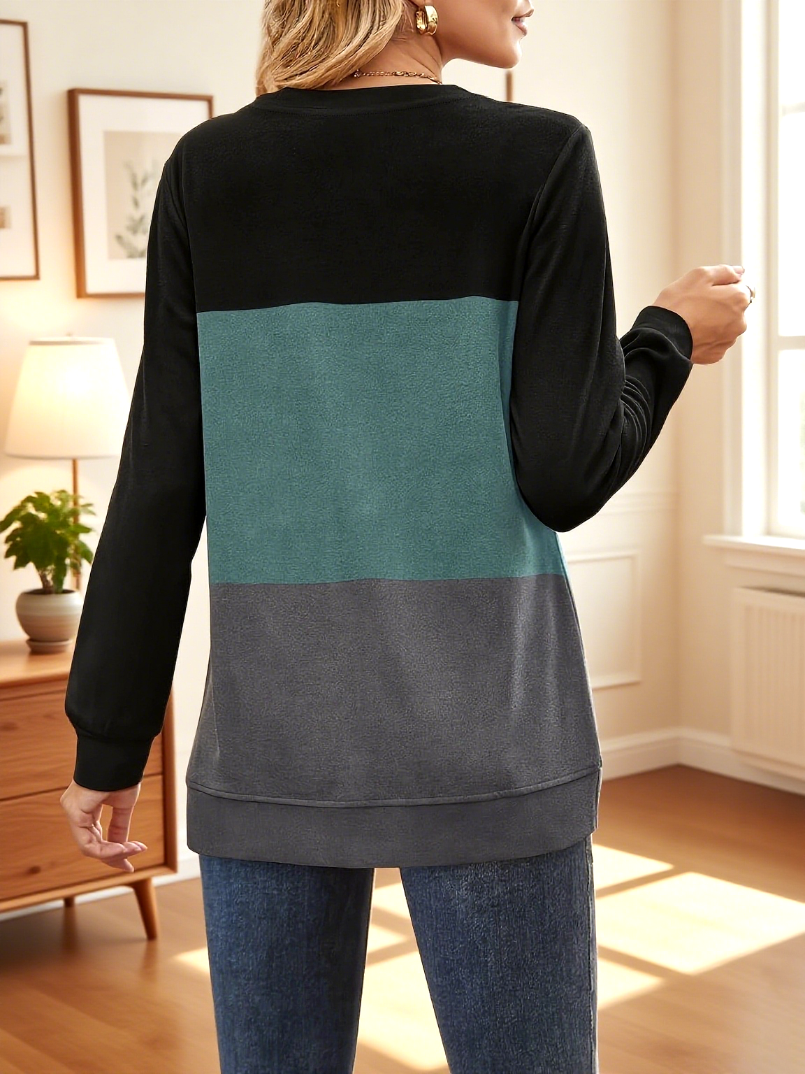 Casual Crew Neck Striped Sweatshirt