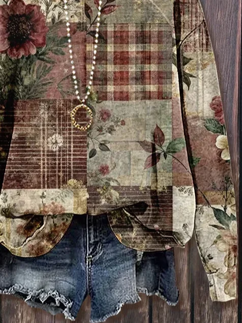 Casual Crew Neck Floral Sweatshirt Printing