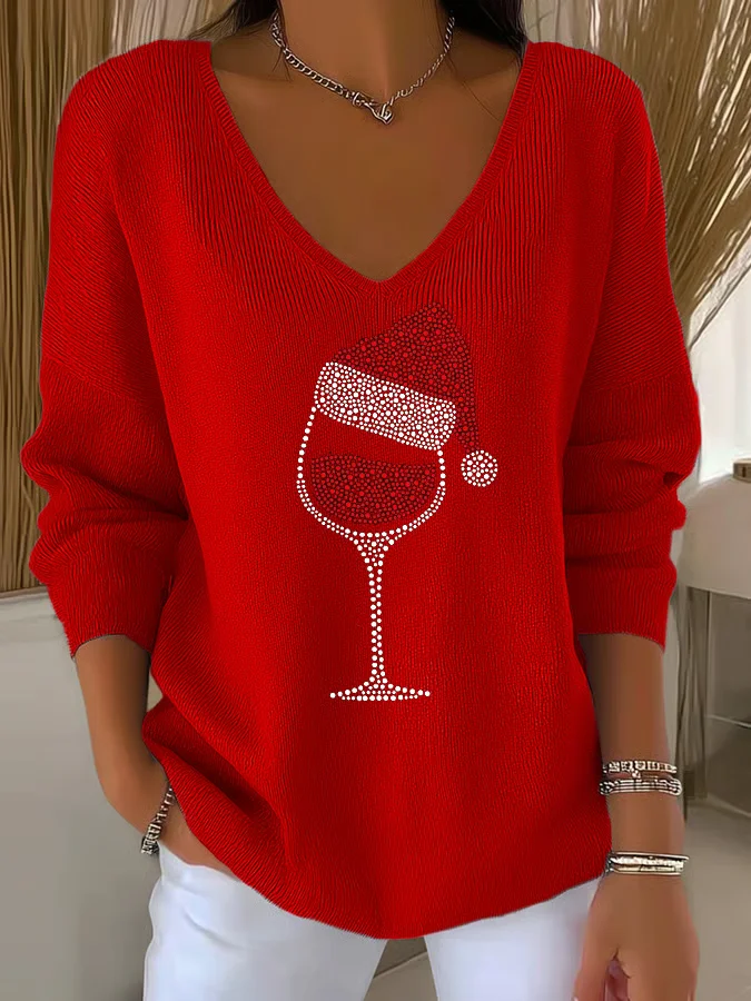 Casual Christmas V Neck Long Sleeve T-shirt