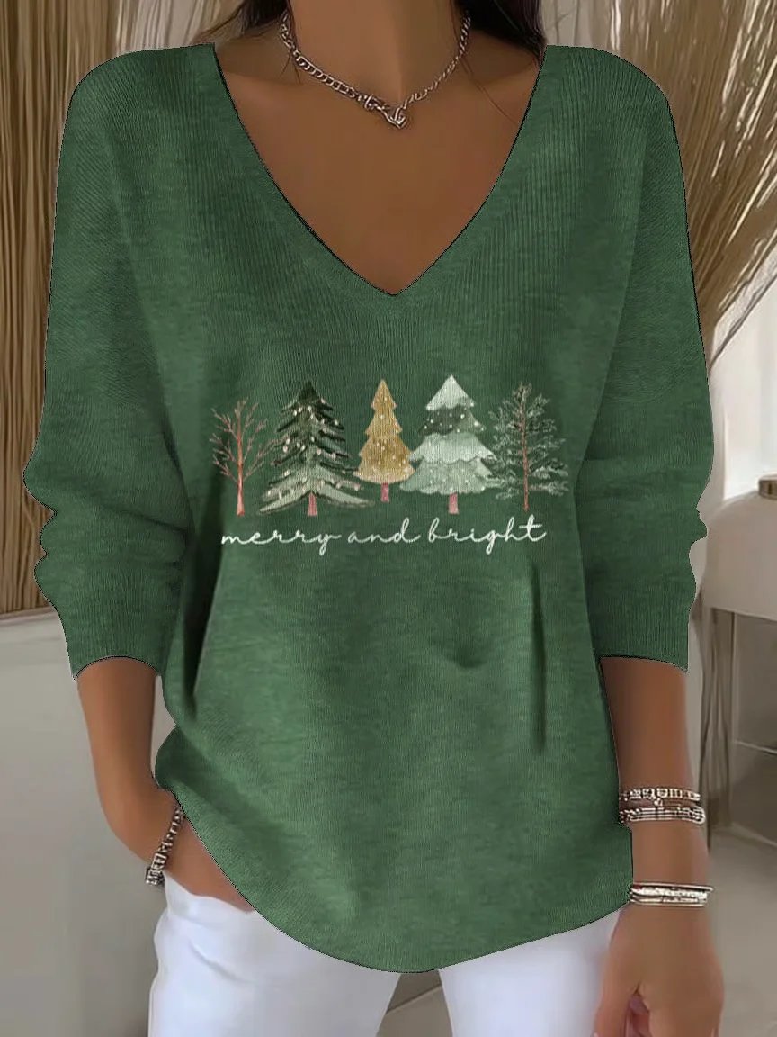 Casual Christmas V Neck Long Sleeve T-shirt