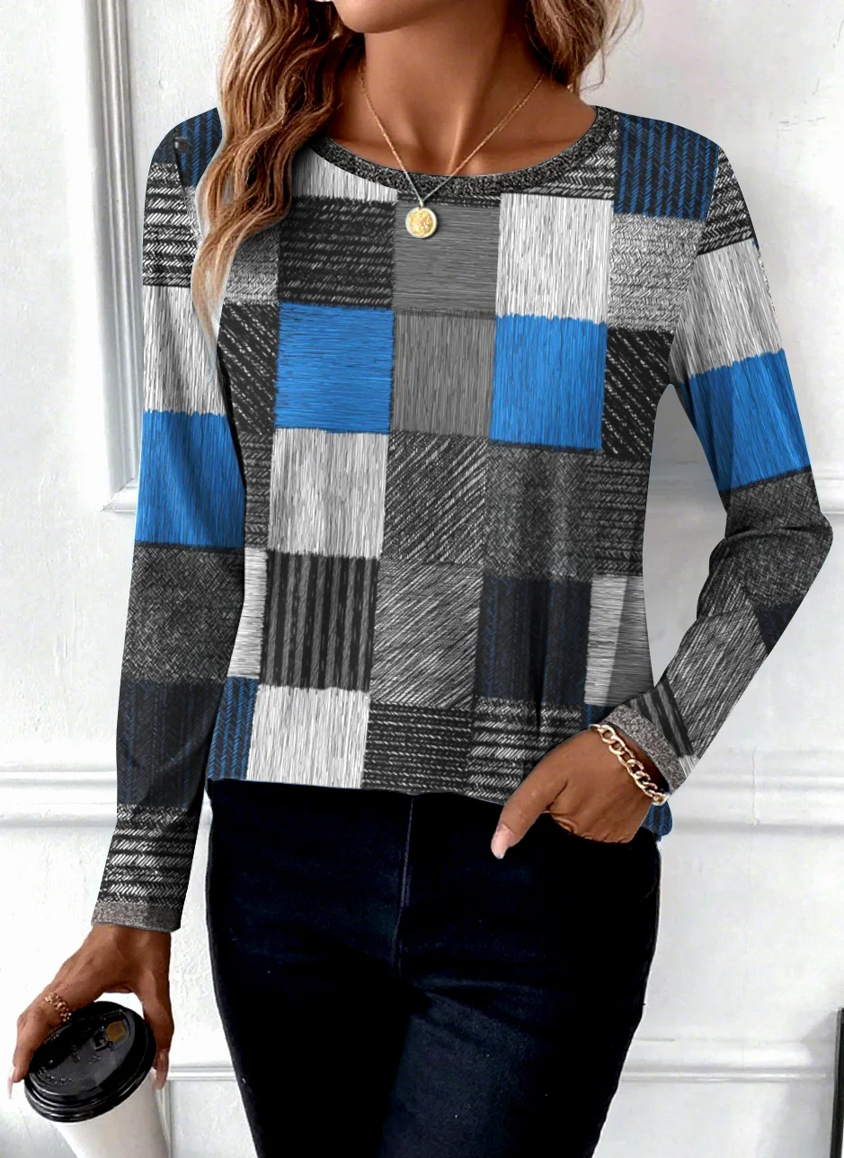 Casual Color Block Crew Neck Long Sleeve T-shirt