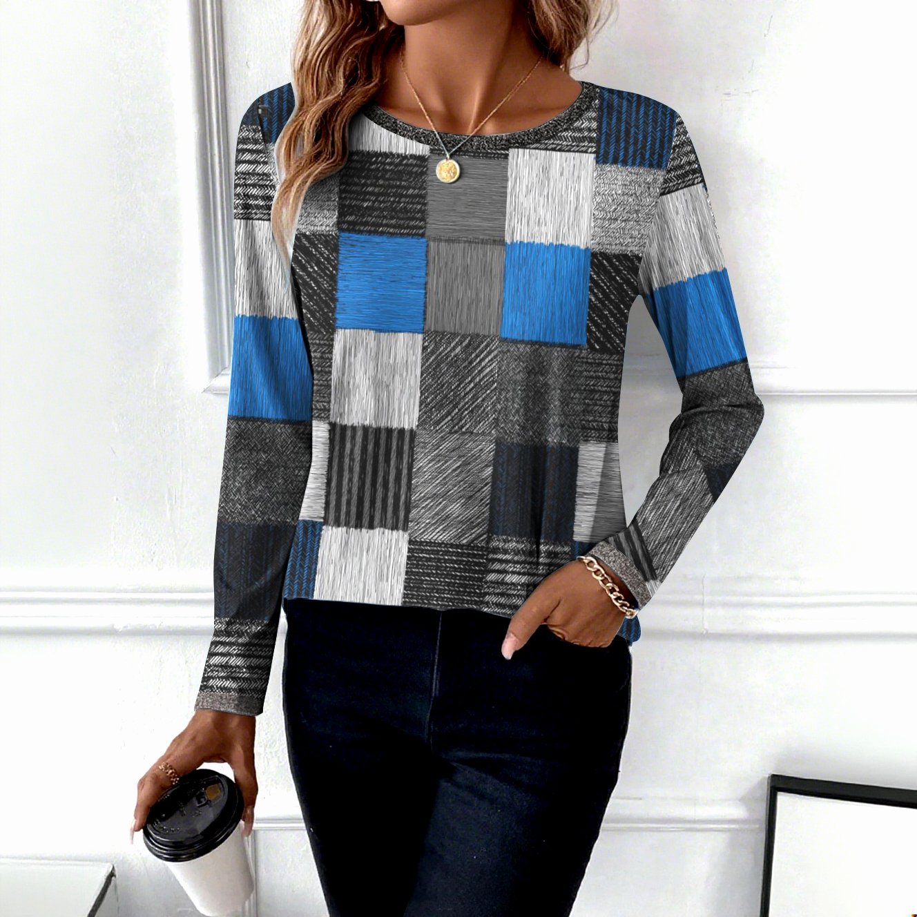 Casual Color Block Crew Neck Long Sleeve T-shirt