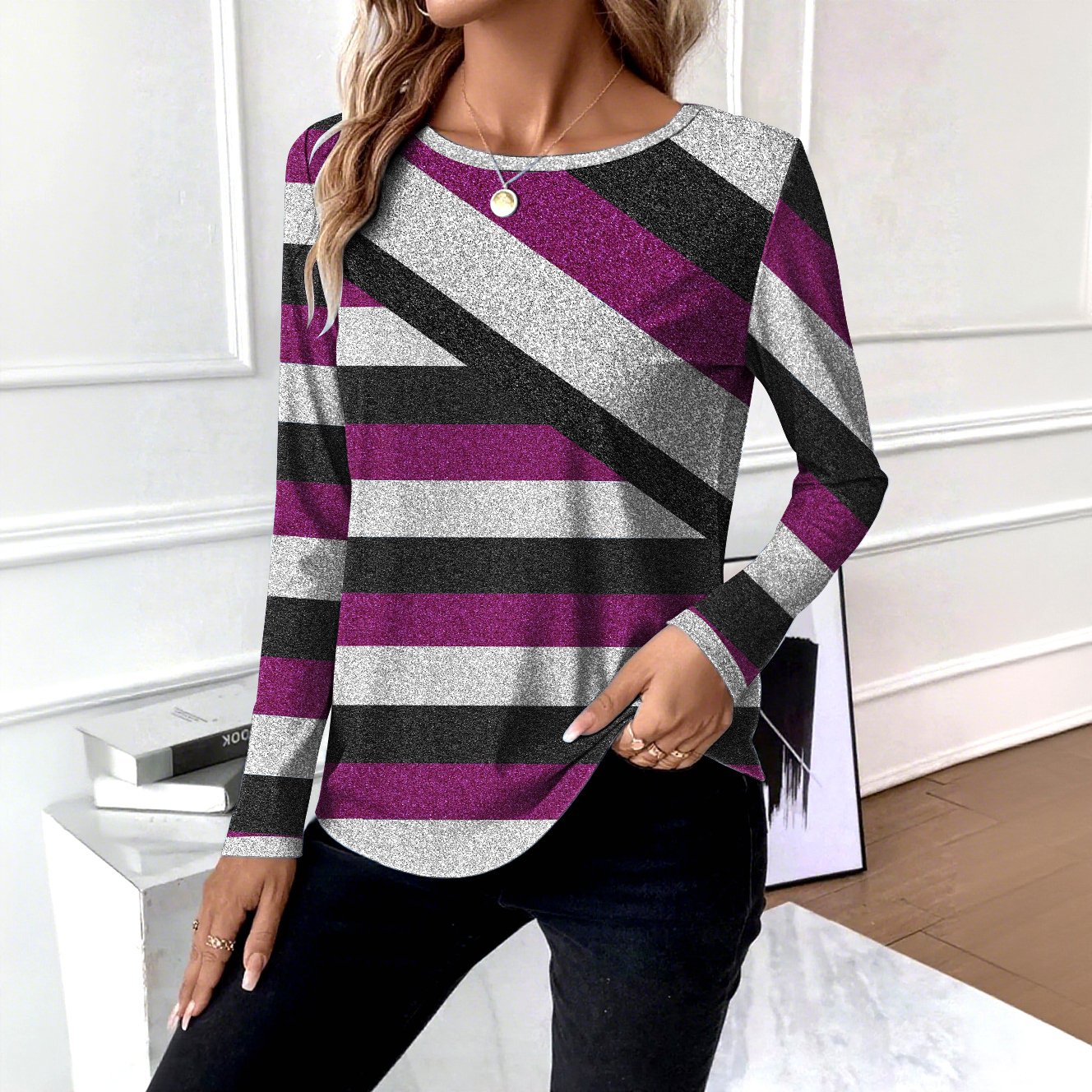 Casual Geometric Crew Neck Long Sleeve T-shirt