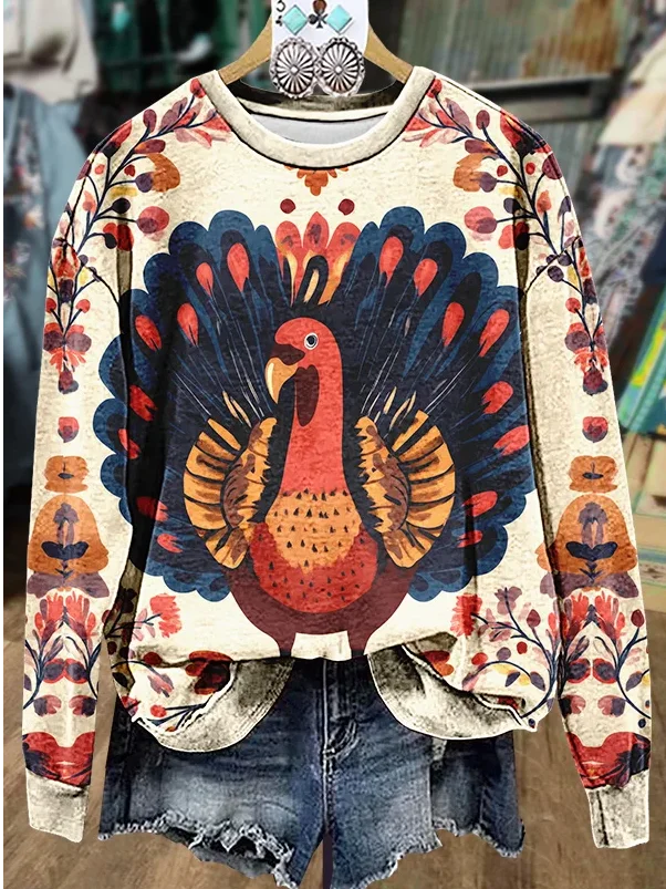 Casual Crew Neck Turkey Sweatshirt Printing