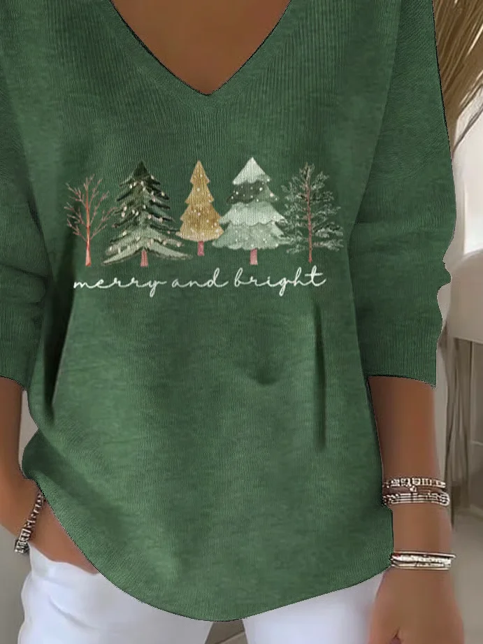 Casual Christmas V Neck Long Sleeve T-shirt