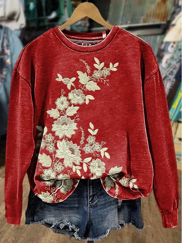 Casual Crew Neck Floral Sweatshirt Printing