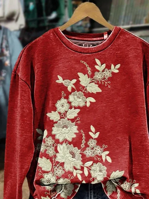 Casual Crew Neck Floral Sweatshirt Printing