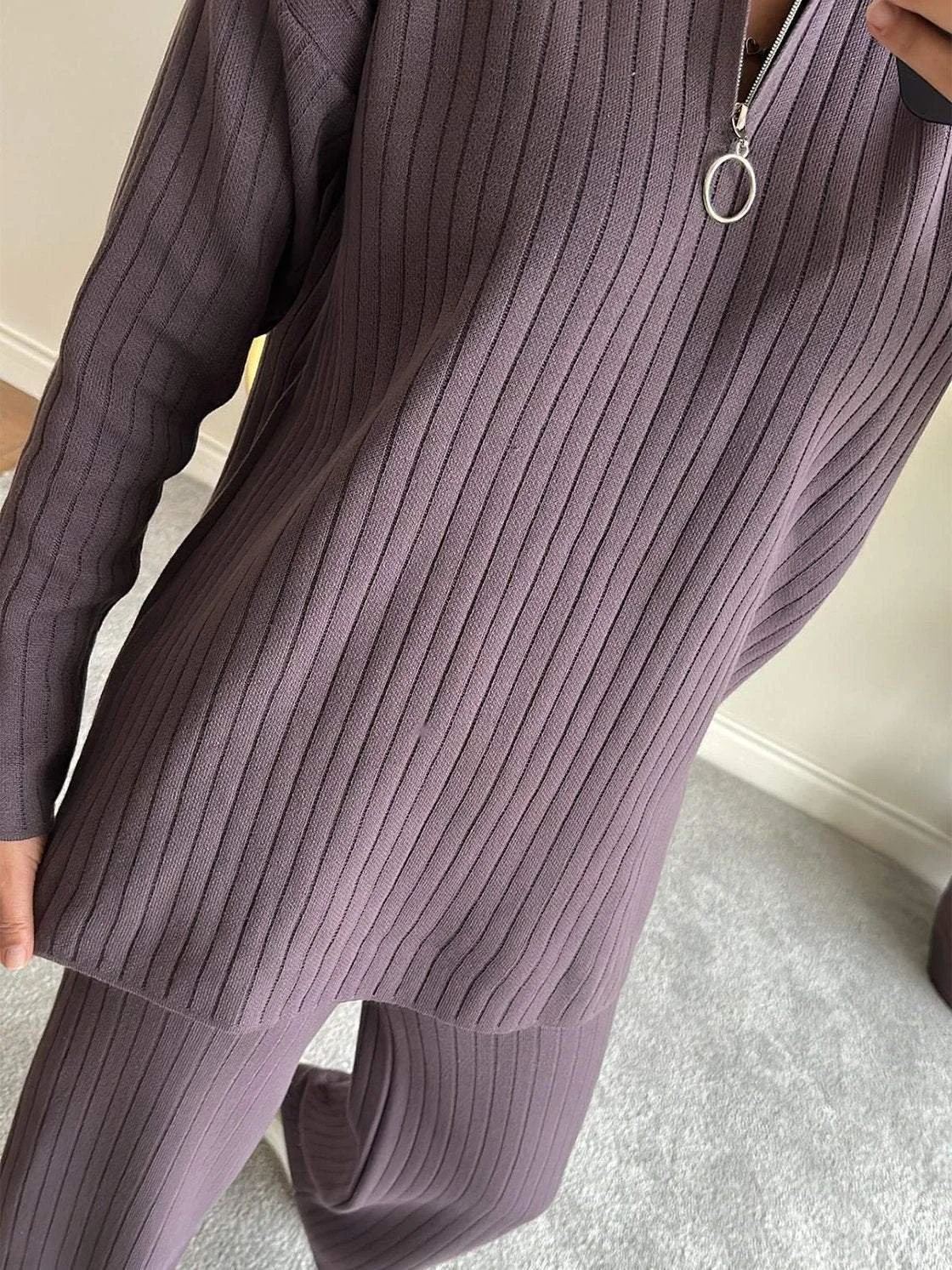 Women Plain Split Joint Two-Piece Set Daily Long Sleeve Casual Spring/Fall Top With Pants Matching Set