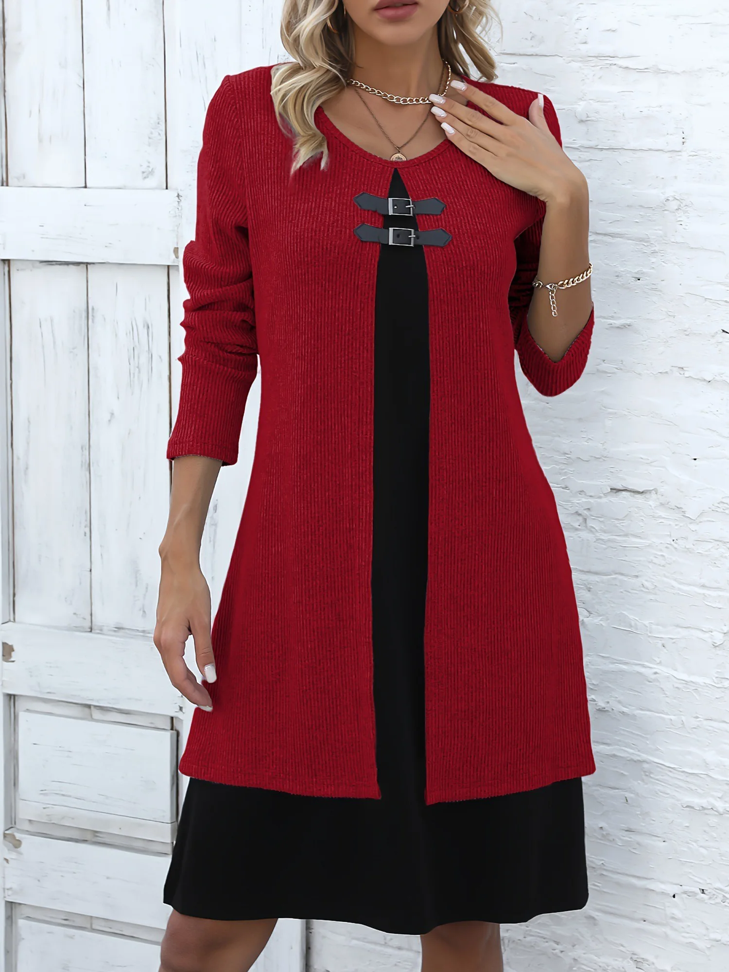 Women Color Block Spring/Fall Dress Crew Neck Long Sleeve A-Line Dress