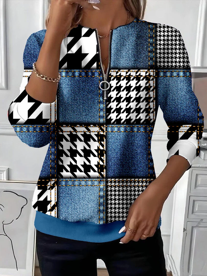Casual Crew Neck Houndstooth Sweatshirt Printing