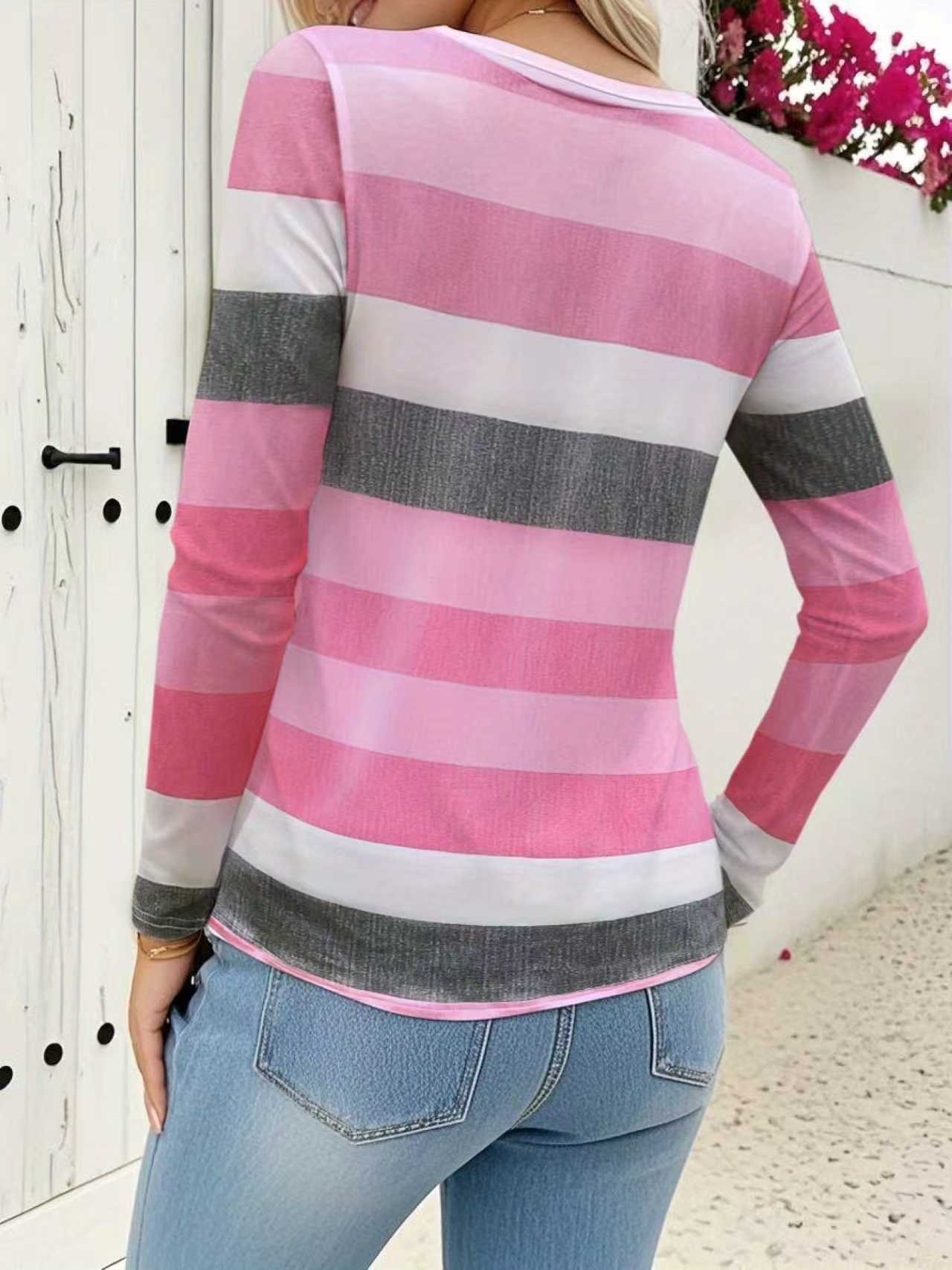 Casual Striped V Neck Long Sleeve T-shirt