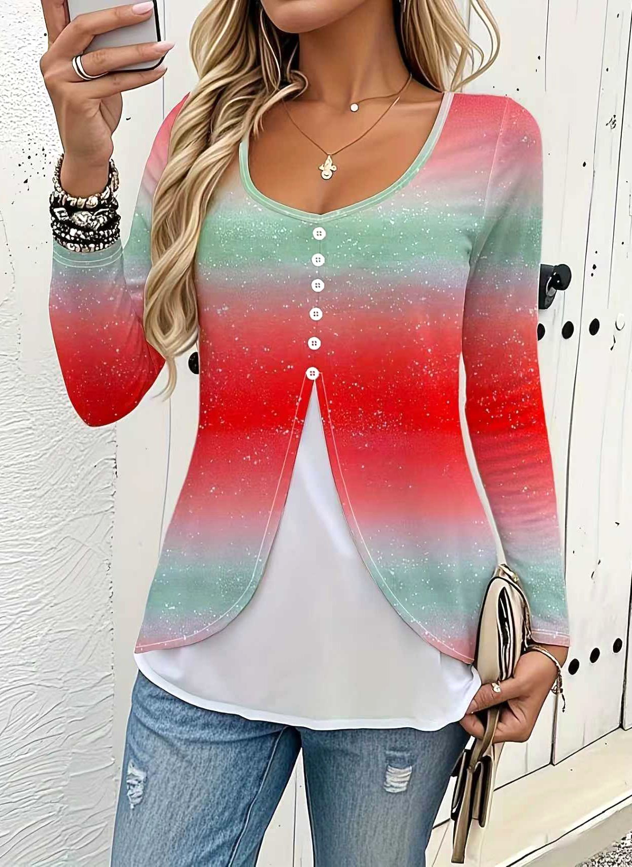 Casual Striped V Neck Long Sleeve T-shirt