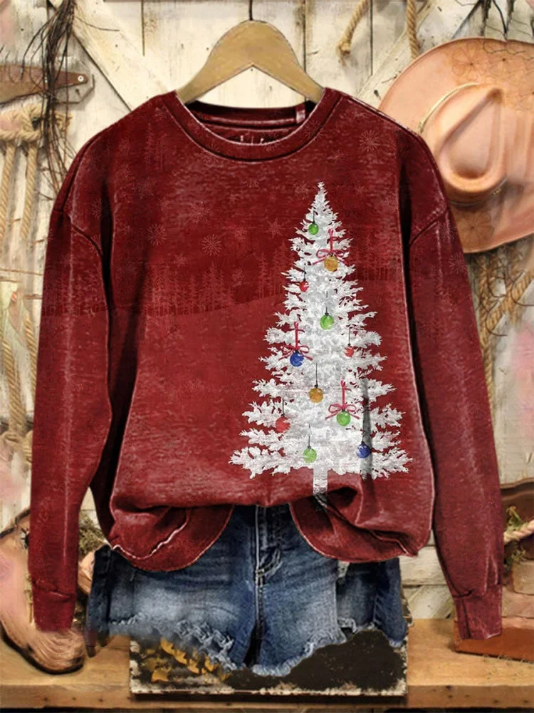 Casual Crew Neck Christmas Tree Sweatshirt Printing