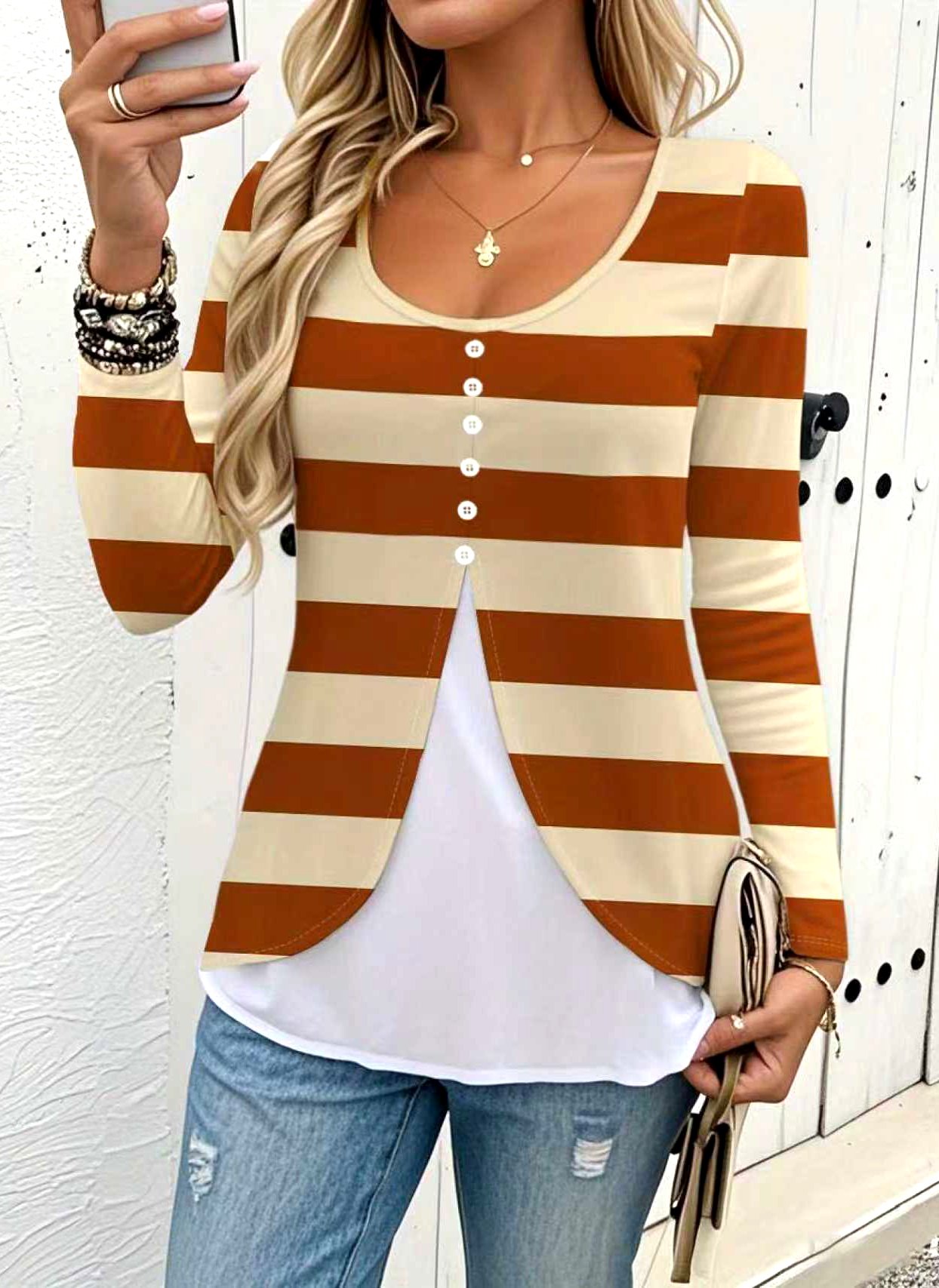 Casual Striped V Neck Long Sleeve T-shirt