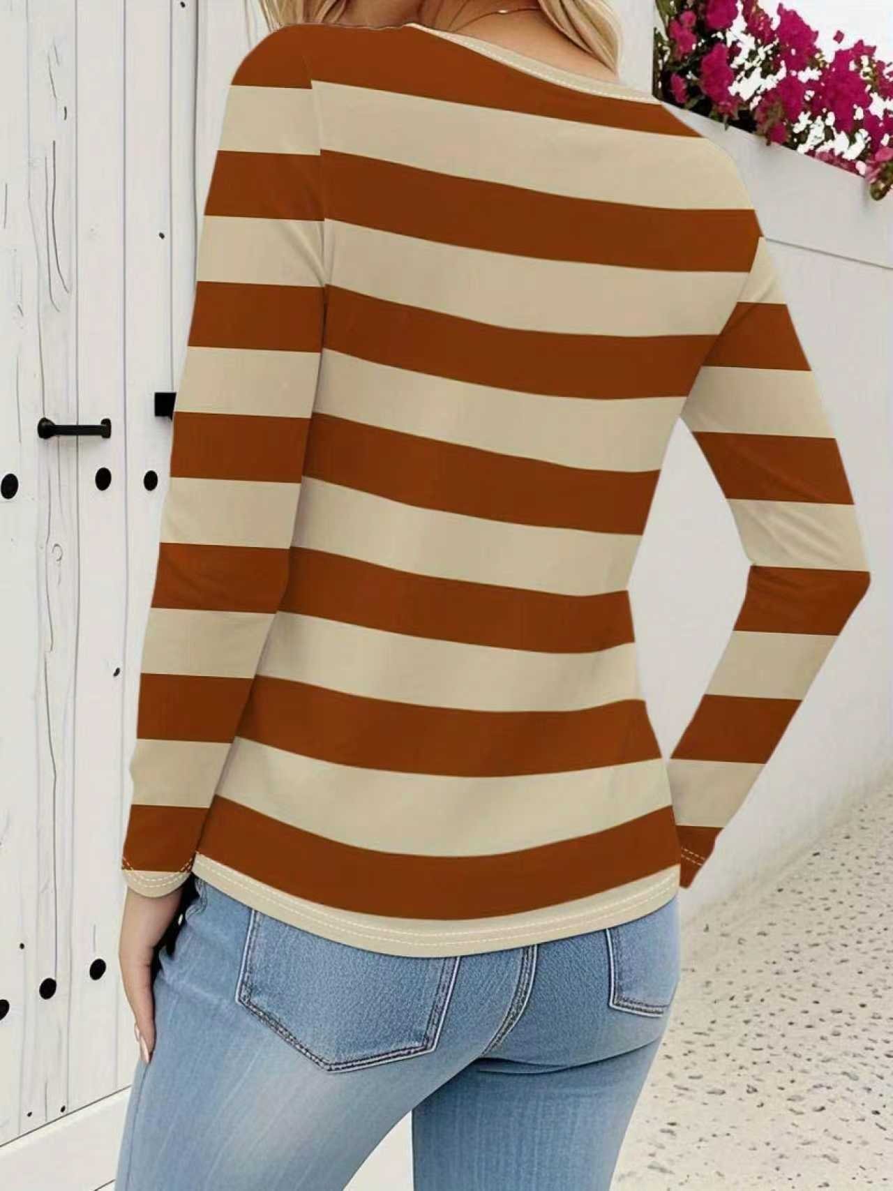 Casual Striped V Neck Long Sleeve T-shirt
