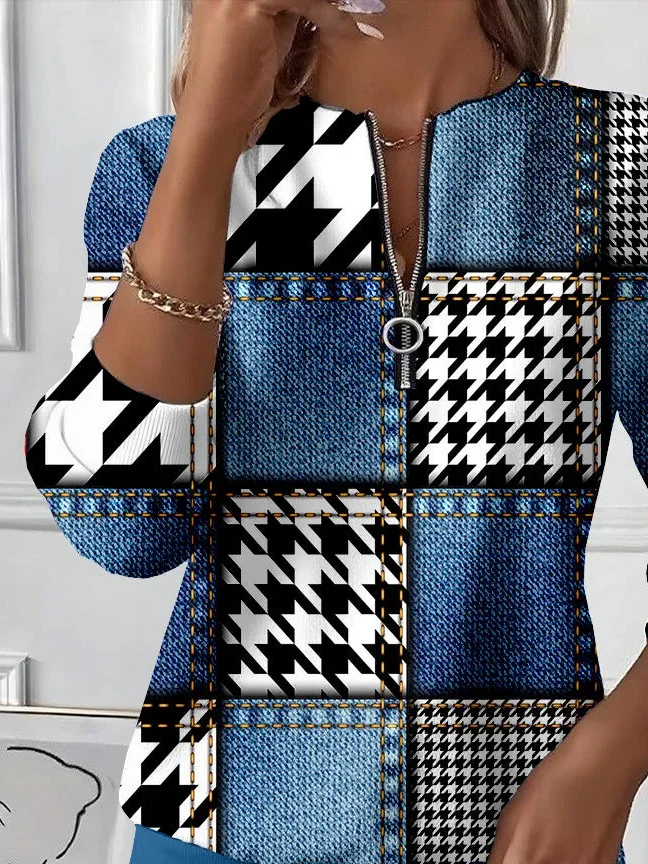 Casual Crew Neck Houndstooth Sweatshirt Printing