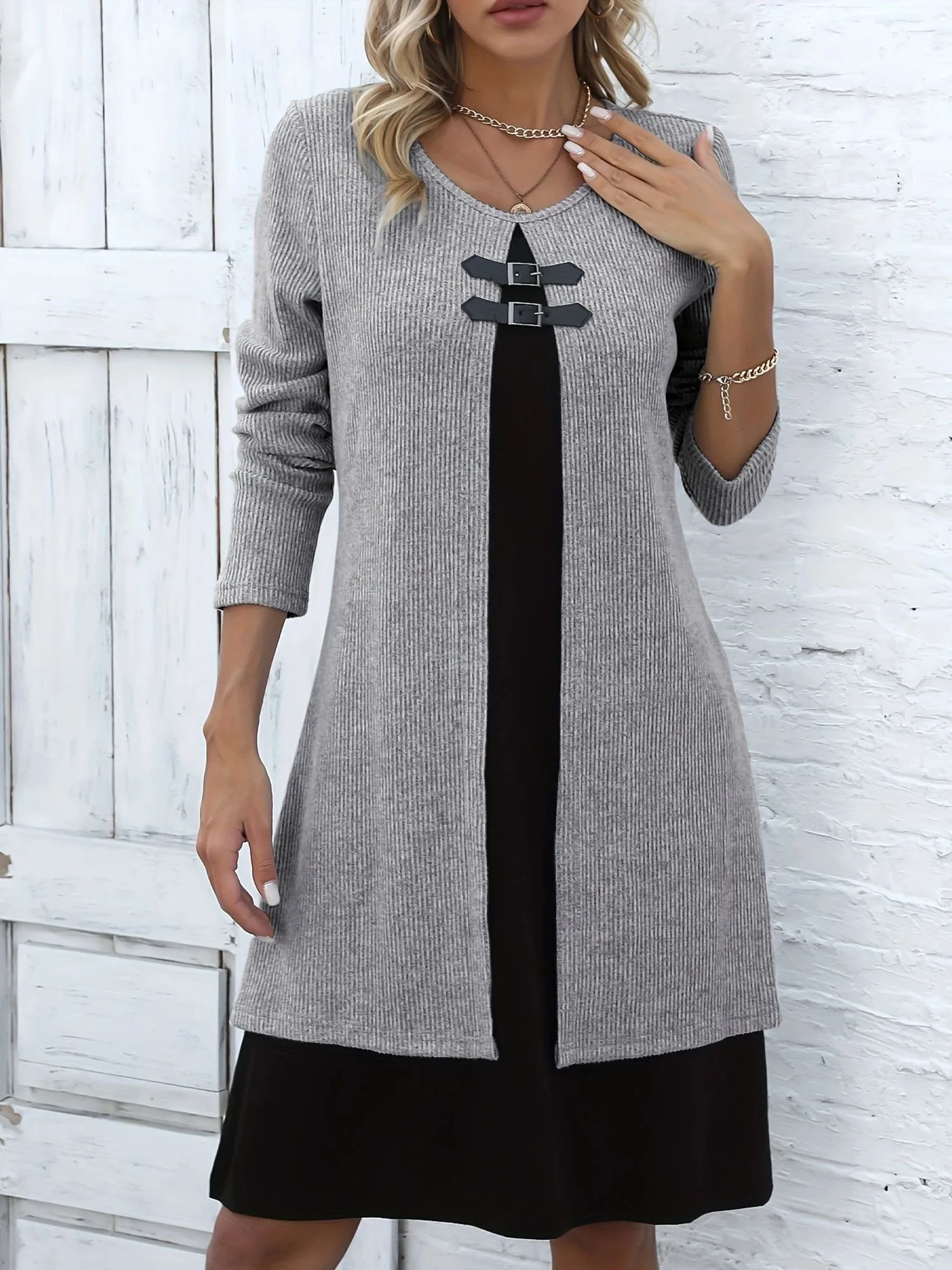 Women Color Block Spring/Fall Dress Crew Neck Long Sleeve A-Line Dress
