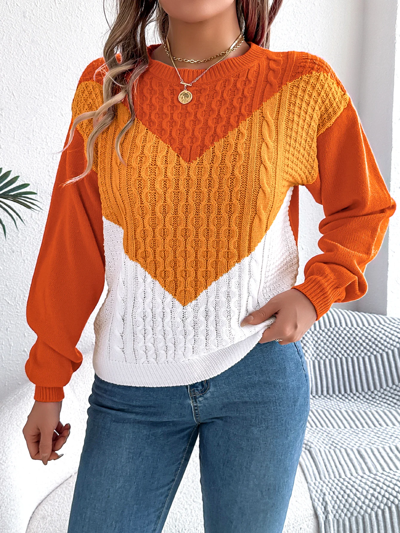 Women Cotton Geometric Long Sleeve Comfy Casual Sweater