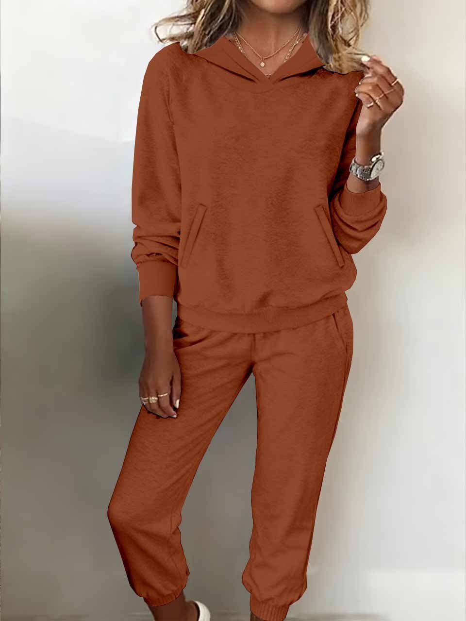 Women Plain Two-Piece Set Daily Long Sleeve Vintage Winter Top With Pants Matching Set