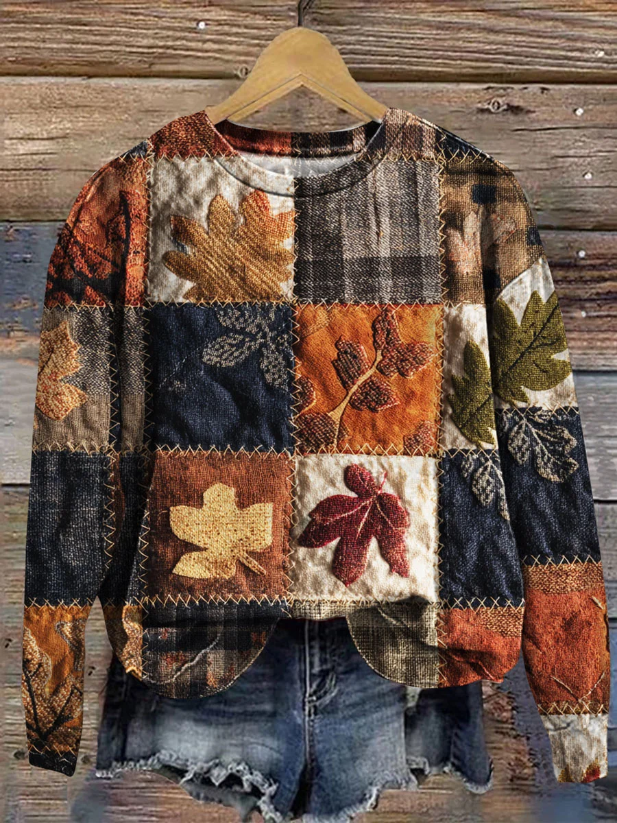 Casual Crew Neck Maple Leaf Sweatshirt Printing