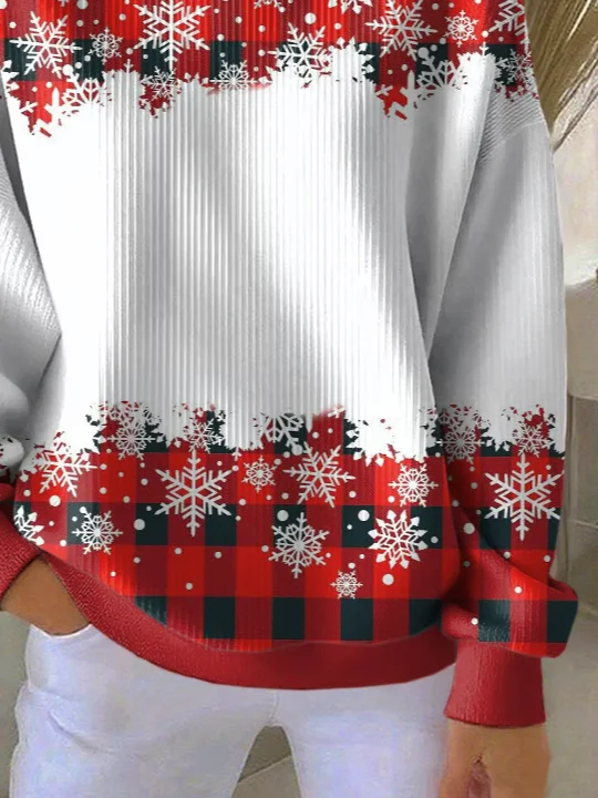 Casual Crew Neck Plaid Sweatshirt Printing