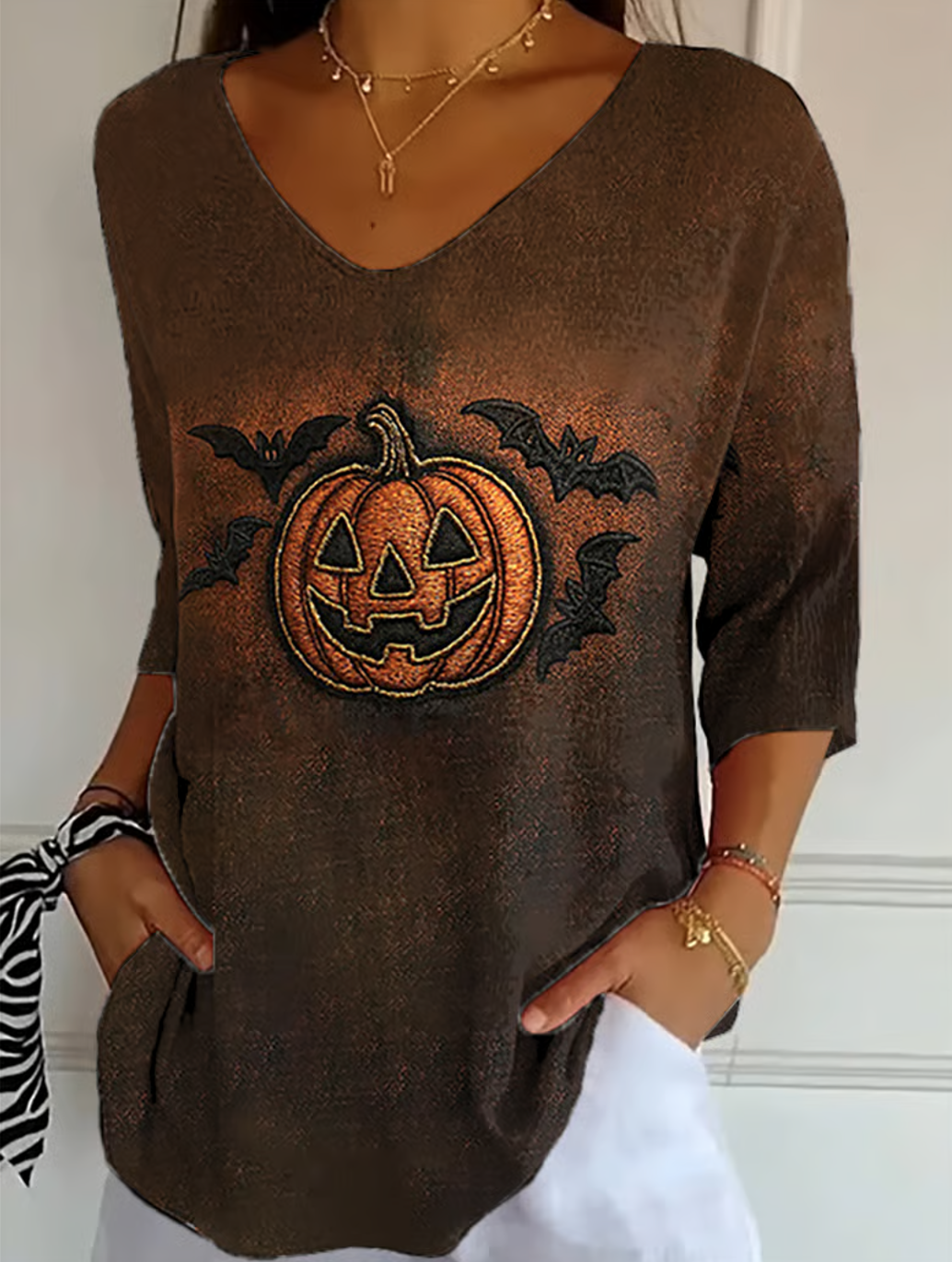 Vintage Halloween V Neck Three Quarter Sleeve T-shirt