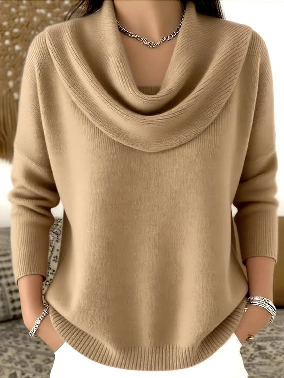 Women Cotton Plain Long Sleeve Comfy Casual Sweater