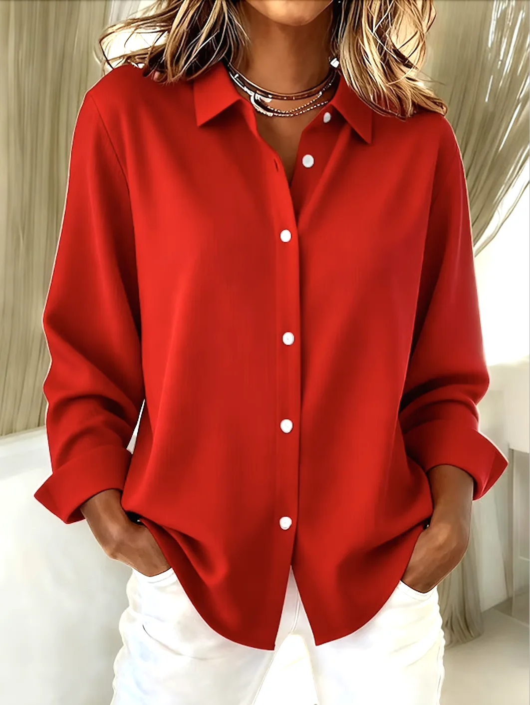 V Neck Long Sleeve Plain Regular Micro-Elasticity Regular Fit Shirt For Women