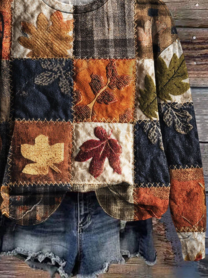 Casual Crew Neck Maple Leaf Sweatshirt Printing