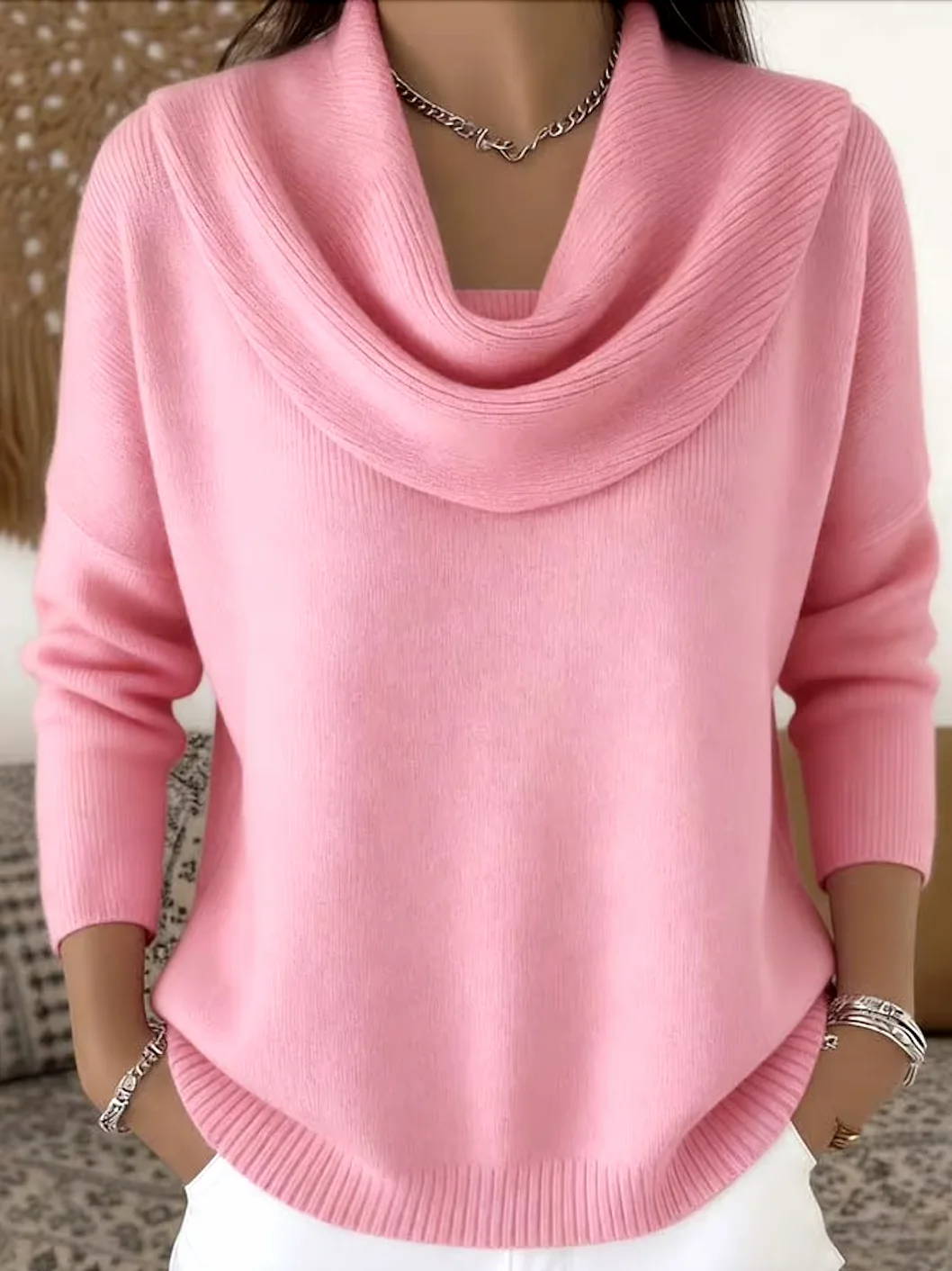 Women Cotton Plain Long Sleeve Comfy Casual Sweater