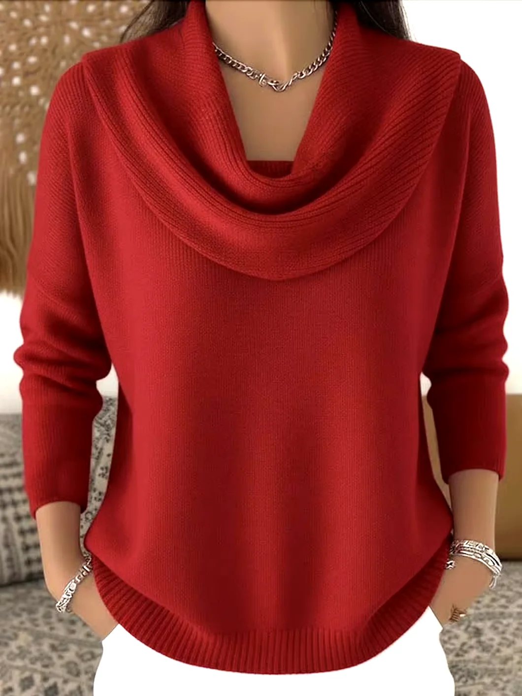 Women Cotton Plain Long Sleeve Comfy Casual Sweater