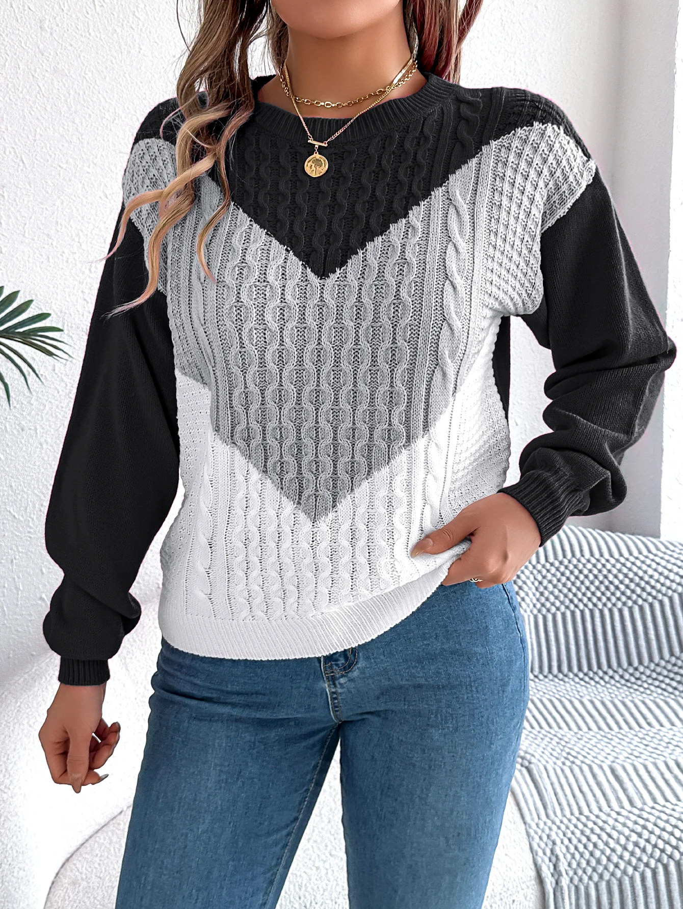 Women Cotton Geometric Long Sleeve Comfy Casual Sweater