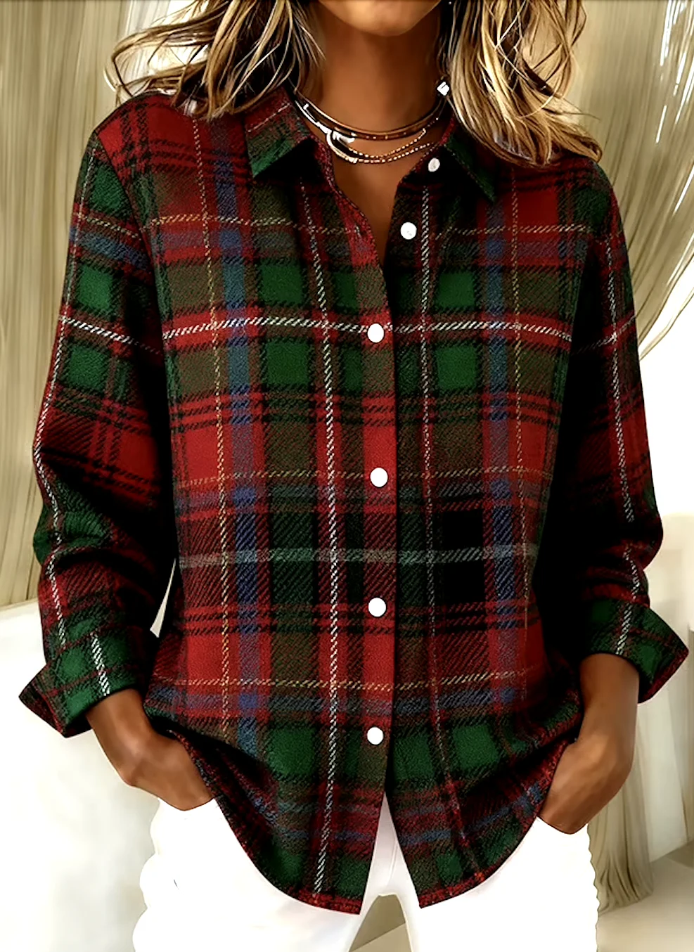 V Neck Long Sleeve Geometric Regular Micro-Elasticity Regular Fit Shirt For Women