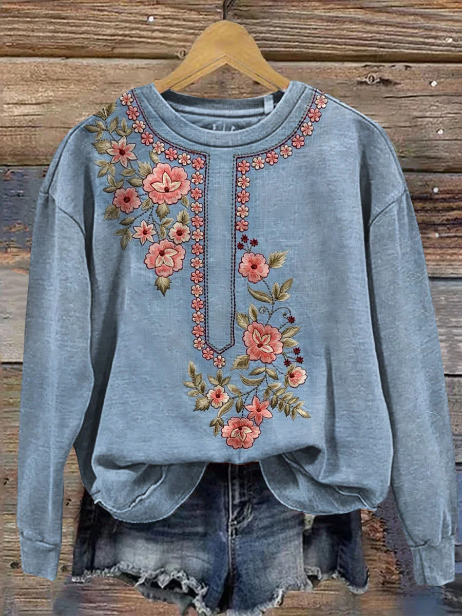 Casual Crew Neck Floral Sweatshirt Printing