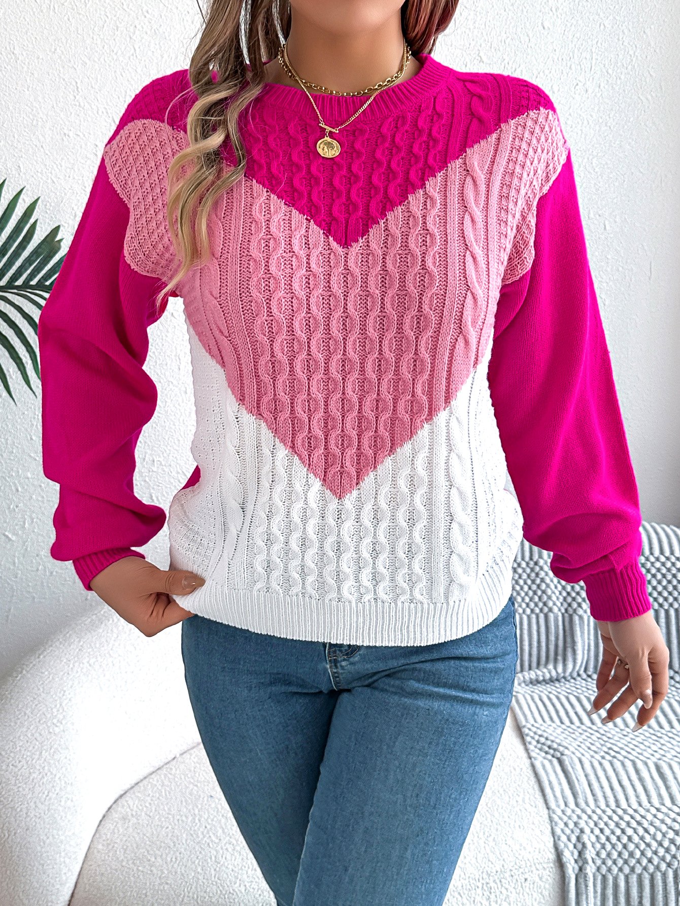 Women Cotton Geometric Long Sleeve Comfy Casual Sweater