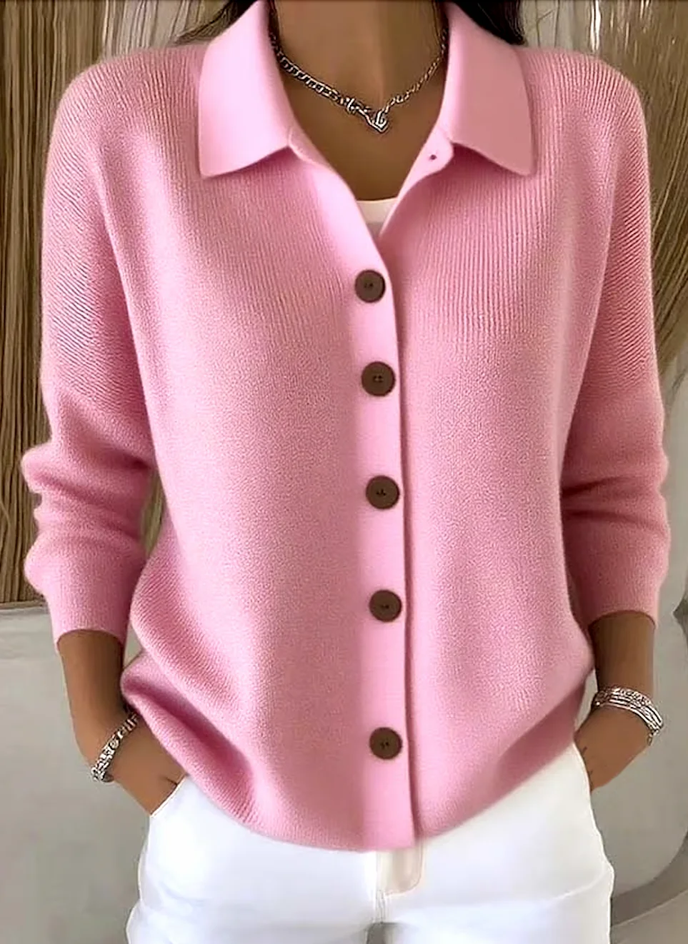 Women Cotton Plain Long Sleeve Comfy Casual Cardigan