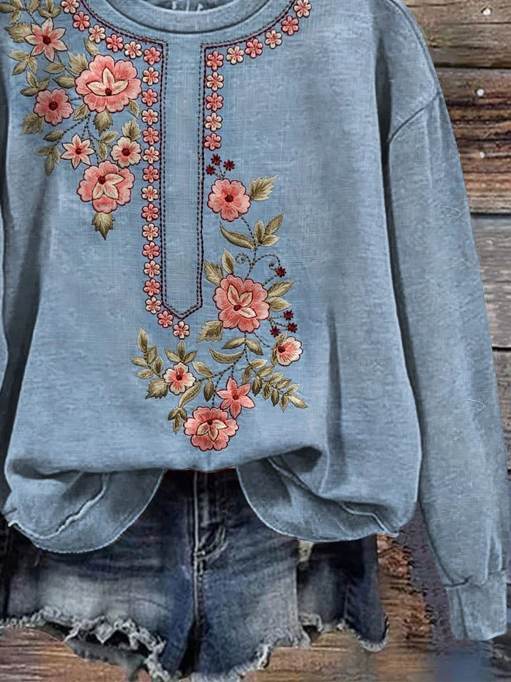 Casual Crew Neck Floral Sweatshirt Printing