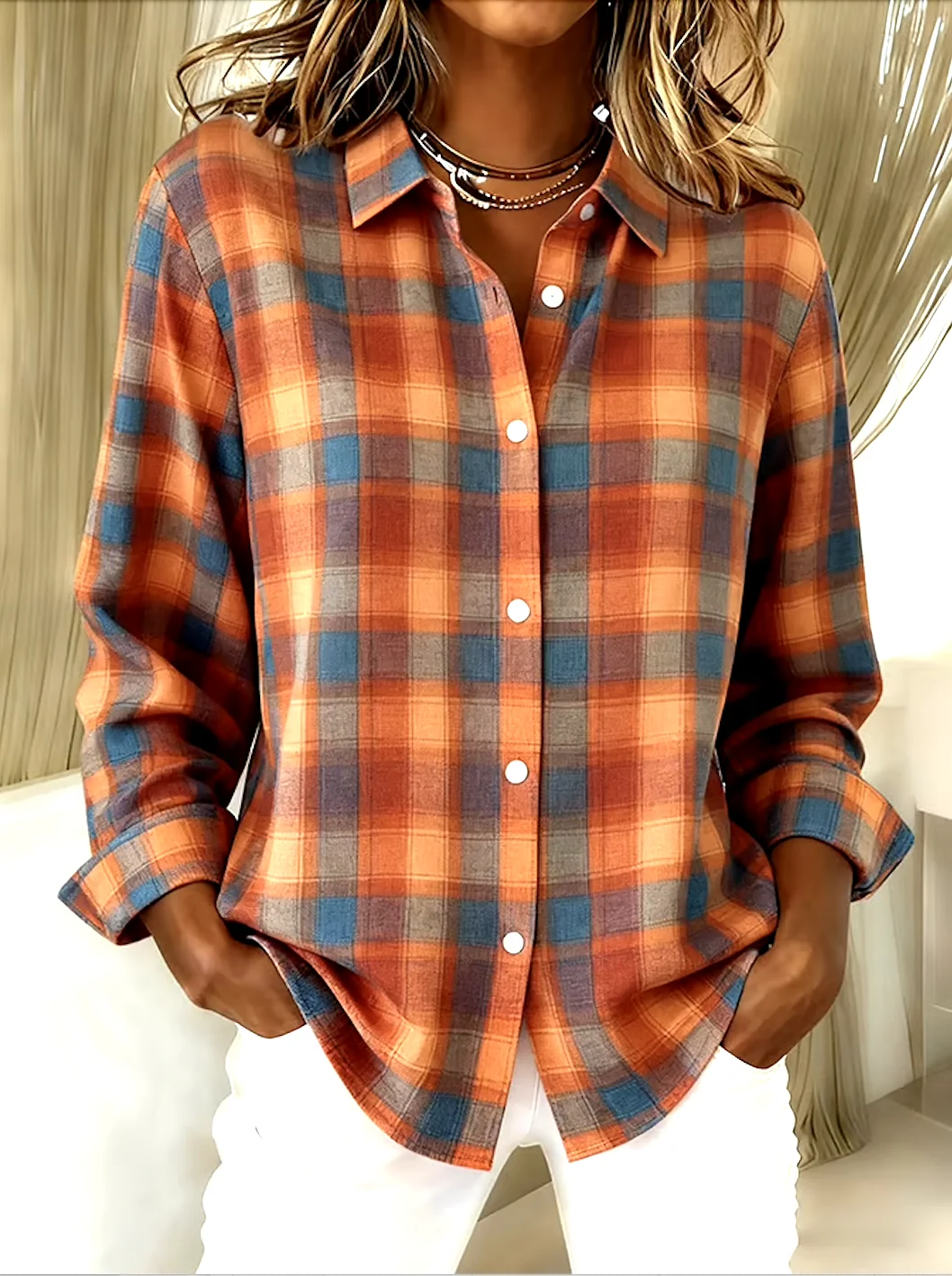 V Neck Long Sleeve Geometric Regular Micro-Elasticity Regular Fit Shirt For Women