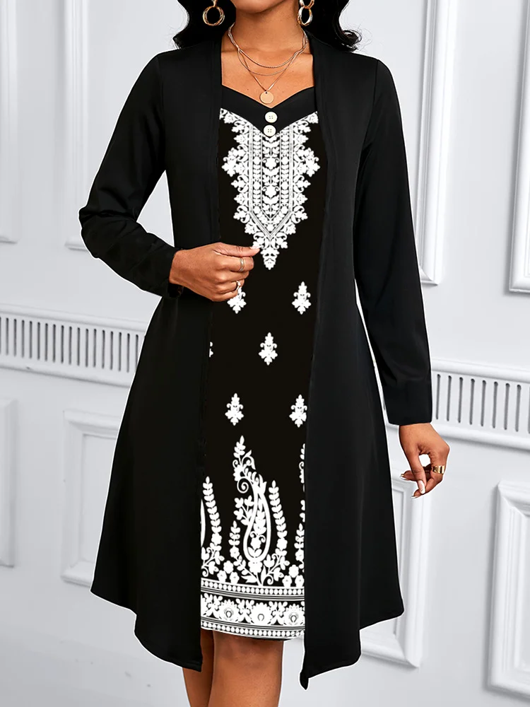 Women Geometric Spring/Fall Dress V Neck Long Sleeve A-Line Dress