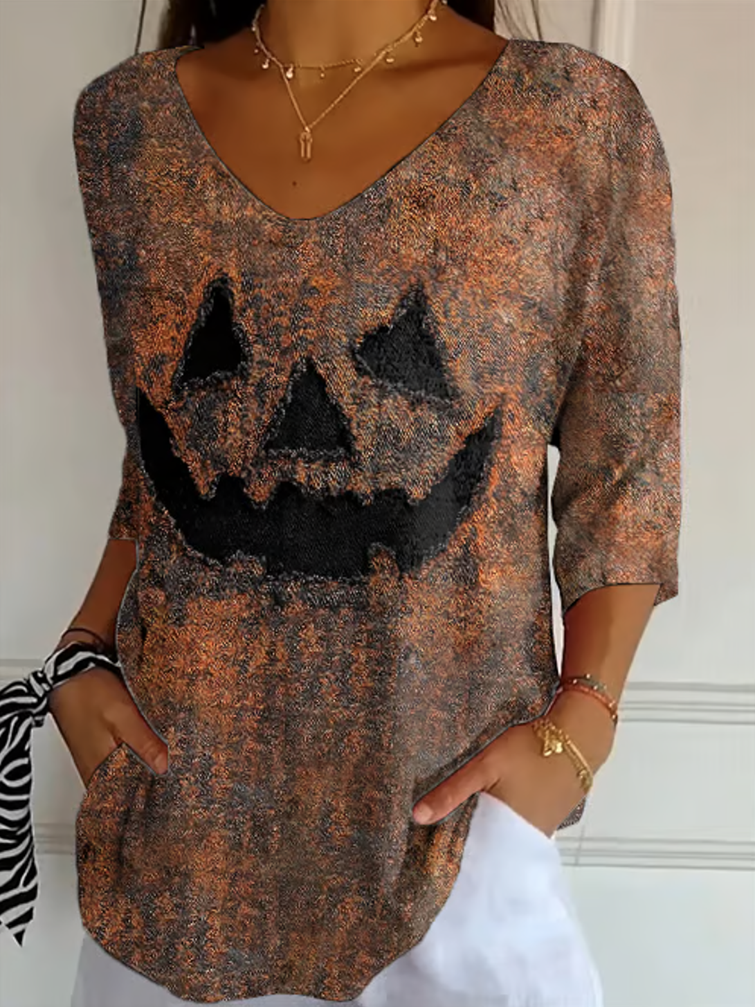 Vintage Halloween V Neck Three Quarter Sleeve T-shirt