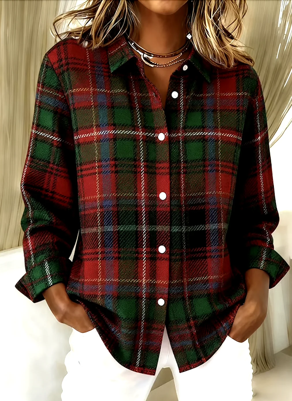 V Neck Long Sleeve Geometric Regular Micro-Elasticity Regular Fit Shirt For Women