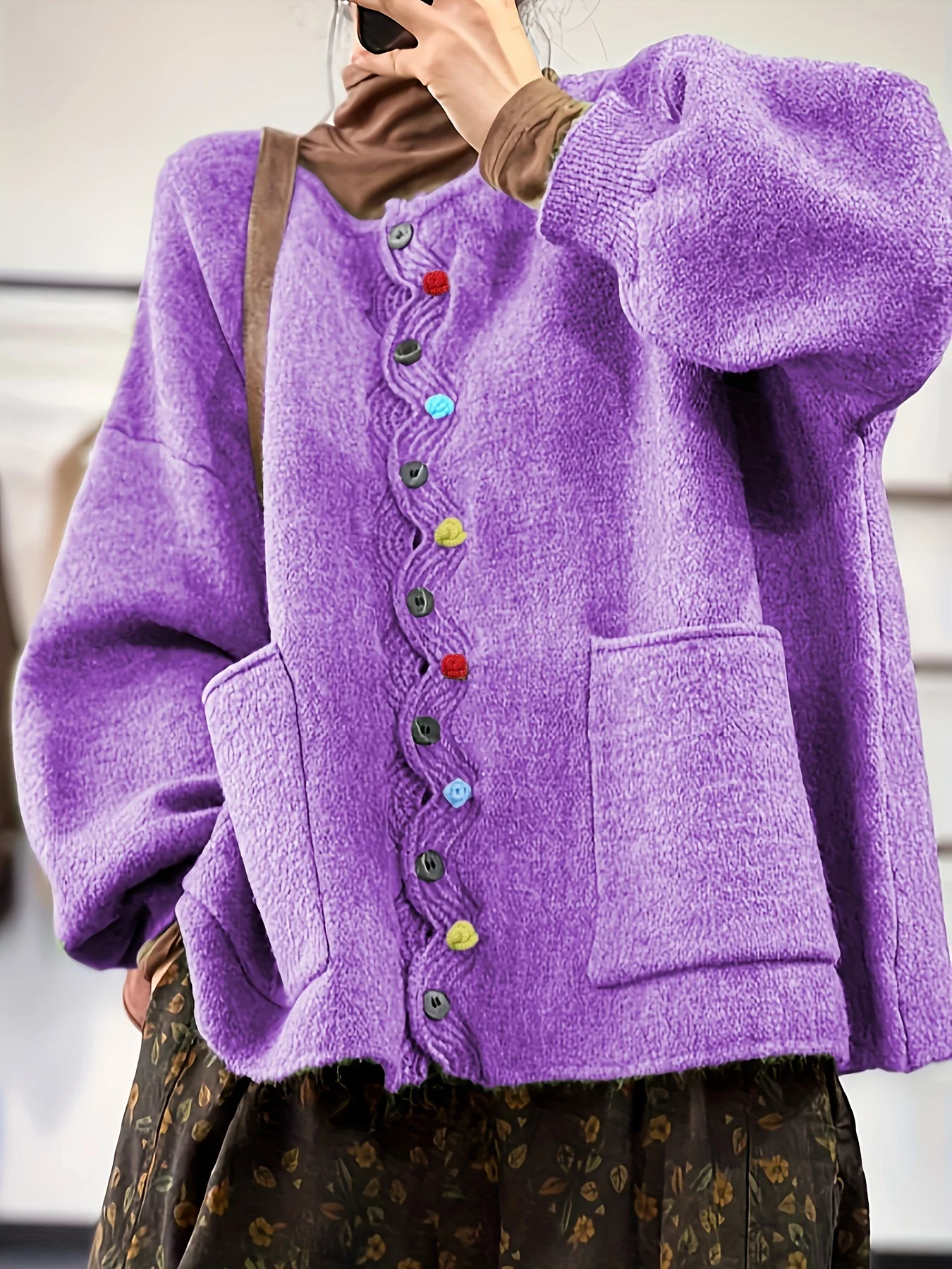 Women Multicolor Block Long Sleeve Comfy Vintage Cardigan