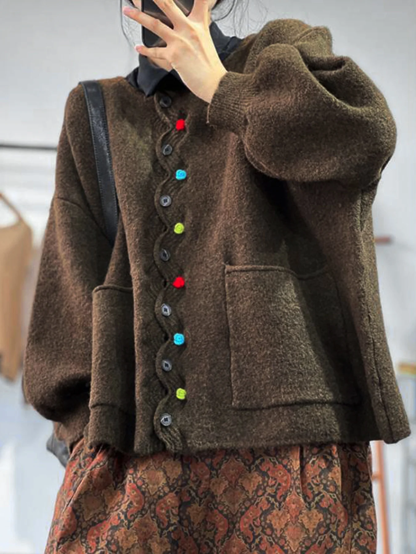 Women Multicolor Block Long Sleeve Comfy Vintage Cardigan