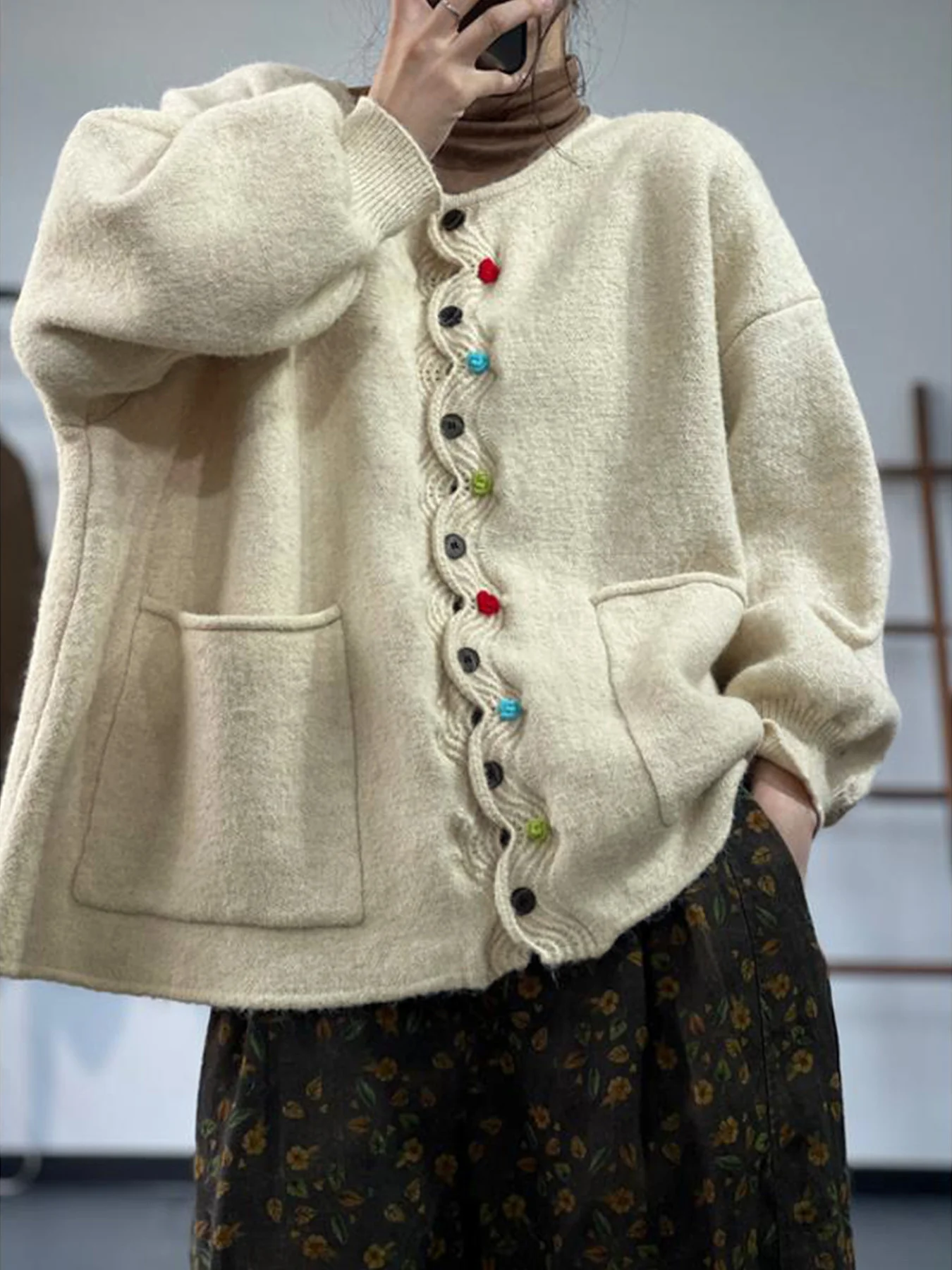 Women Multicolor Block Long Sleeve Comfy Vintage Cardigan