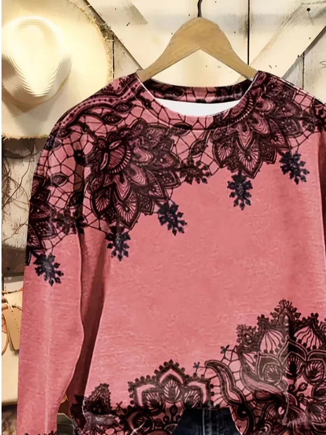 Casual Crew Neck Floral Sweatshirt Printing