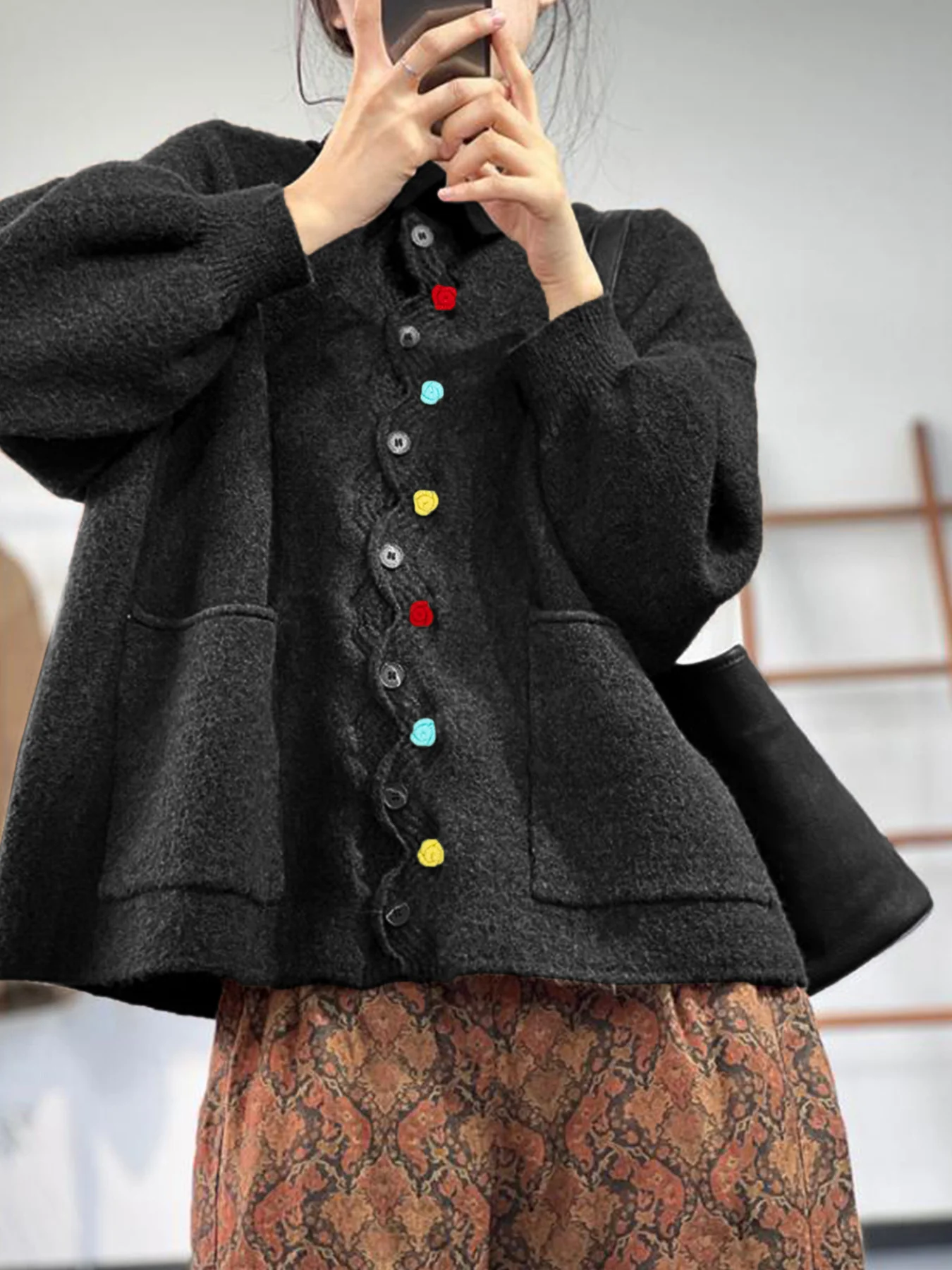 Women Multicolor Block Long Sleeve Comfy Vintage Cardigan