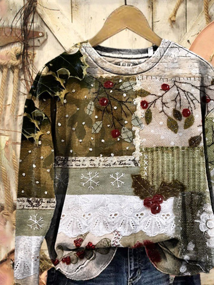 Casual Crew Neck Christmas Sweatshirt Printing