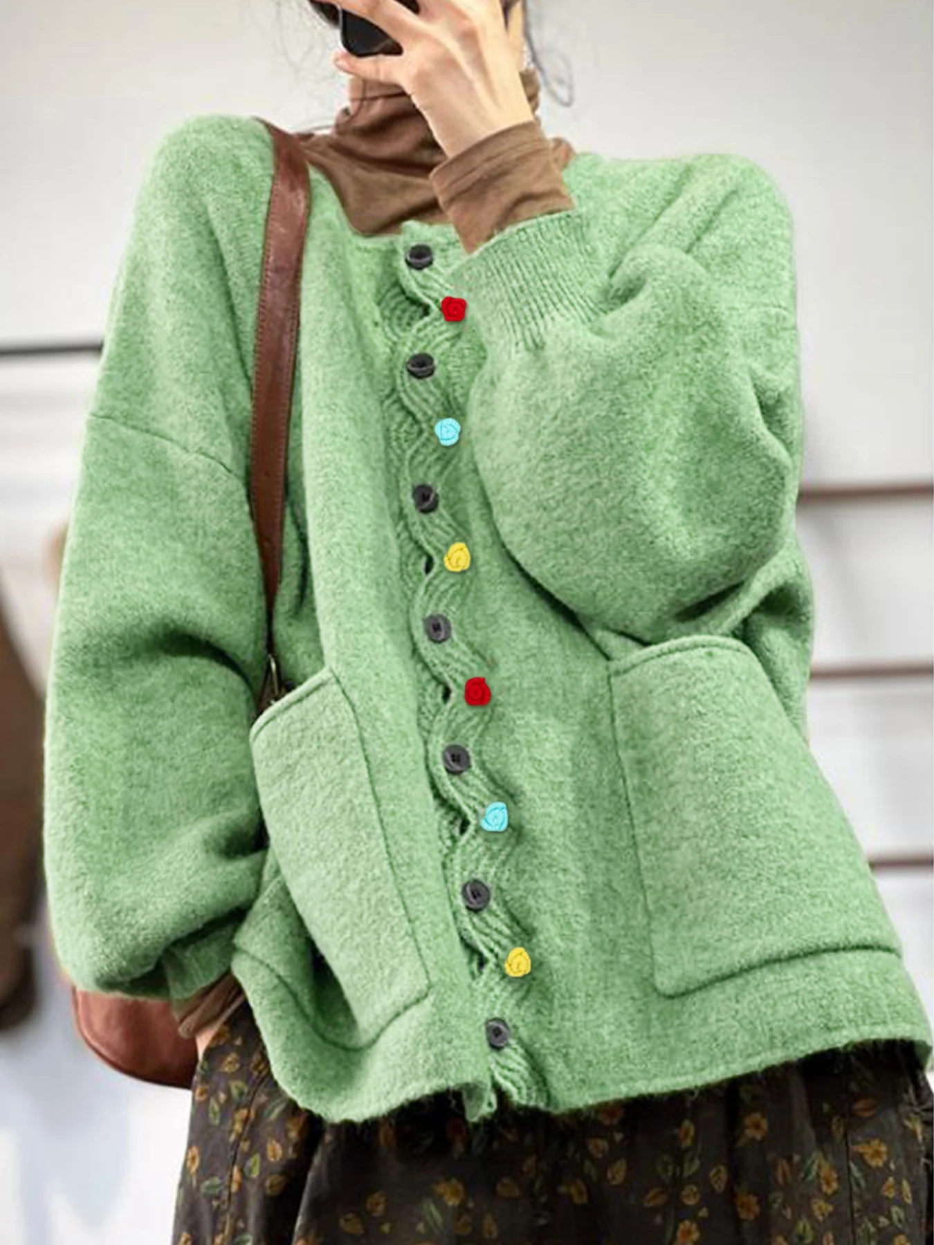 Women Multicolor Block Long Sleeve Comfy Vintage Cardigan